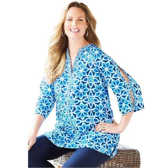 New! Catherines Sheer Floral Twin Print Jeweled-Neck Split Sleeve Tunic, 4X - Picture 1 of 15